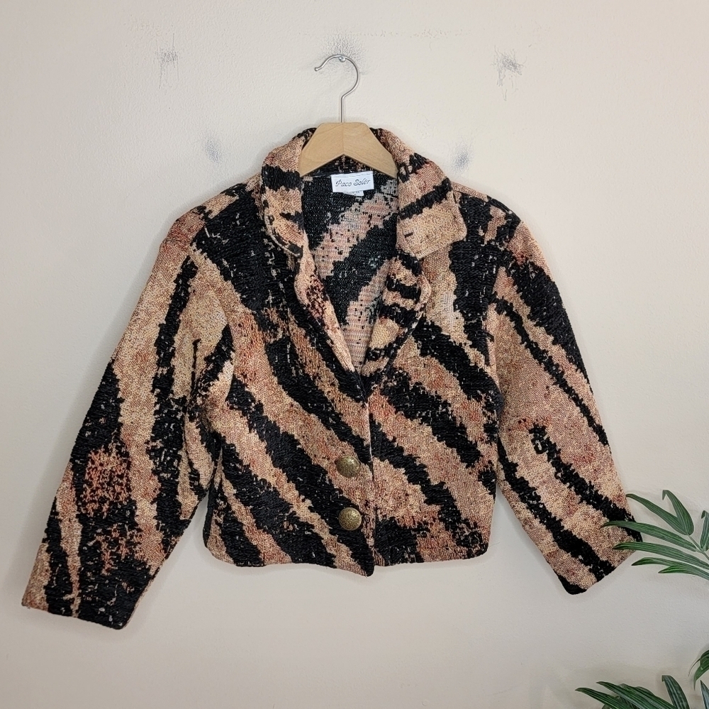 Vintage Paco Soler 80s Animal Print Cropped Tapestry Jacket
